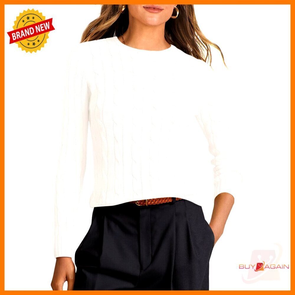 Cable Knit Pullover Sweater Long Sleeve Crewneck Soft Slim Fit Dressy Casual